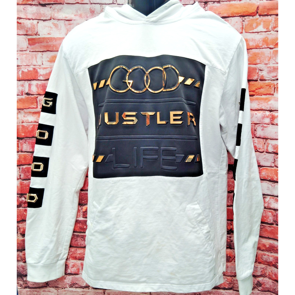 Camp Originals Good Life Hoodie SZ XL Long Sleeve White/Gold W/Arm Sleeve Print